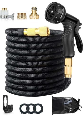 150FT Expandable Garden Hose, Leakproof with 10-Function Spray Nozzle, 1/2 & 3/4 Brass Fittings, for Gardening, Car Washing, Easy to Carry(Black)