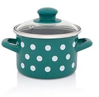 Metalac Kochtopf mit Glasdeckel 14cm|1,5l, GRÜNE PUNKTE, Emailliert, Vintage Design