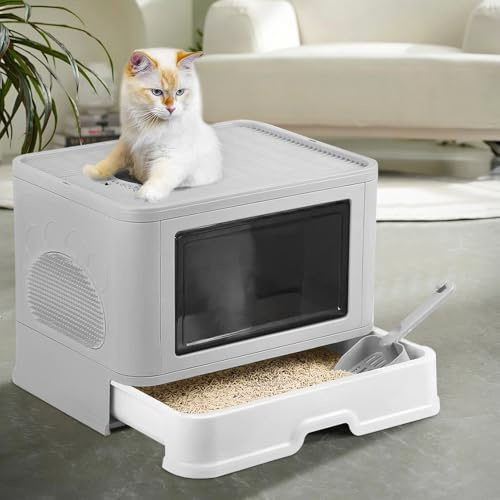 Katzentoilette mit großem Volumen – 48,5 x 36,5 x 38 cm Katzentoilette faltbar aus PP mit Pflege + Aufbewahrungsbox, Grau