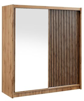 Vente-unique - Armadio a 2 ante scorrevoli - con specchio - L203 cm - Colore: naturale e nero - CALOWI