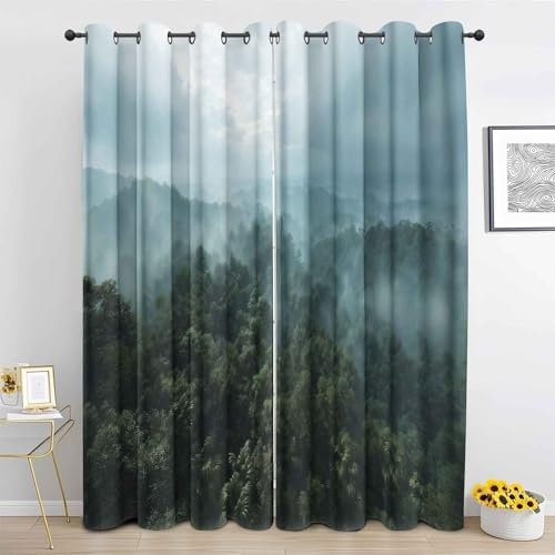 ZaopVrynx Vorhänge Nebelwald, Grüne Natur Tannenbaum Vorhang Blickdichte mit Ösen Gardinen, Verdunkelungsvorhang Thermovorhang Gardinen, H 200 x B 140 cm (2er Set) für Schlafzimmer Wohnzimmer