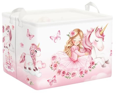 Clastyle Pink Unicorn Baby Laundry Hamper Collapsible Clothes Kids Storage Basket Waterproof Girls Toy Box for Nursery Room,Rose,40*30*30 cm