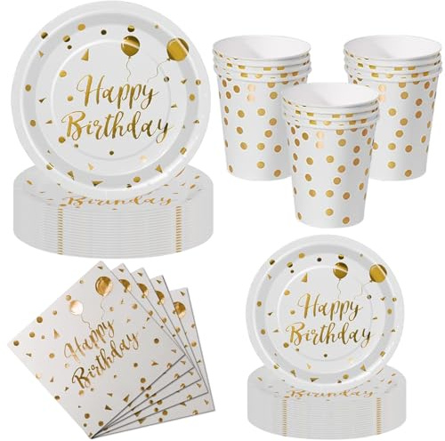 Nkaiso 50 Stück Weißgold Pappteller Geburtstag Set | Partygeschirr Kindergeburtstag Set - mit Einweg Pappteller, Servietten & Becher - für Party Geburtstag Mädchen Deko