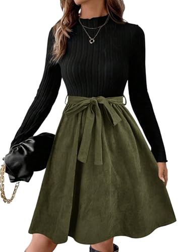 SweatyRocks Kleider Damen Elegant A Linie Kleid Stehkragen Knielang Kleid Langarm Freizeitkleid mit Gürtel Damenkleid Herbst Outfit Schwarz und Grün L