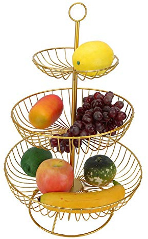 Pissente 3 Niveles de Frutas Cesta Soporte de Hierro Hueco Anticorrosivo de Frutas para Cocina Comedor Vajilla Decoración con Pintura de Alta Temperatura Negro Dorado (Dorado)