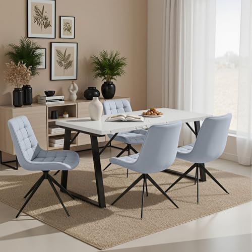 HOMAVO 5-teiliges Esszimmer-Set – Moderner Esstisch (140×80 cm) mit 4 drehbaren Polsterstühlen, Metallrahmen & MDF-Tischplatte, Bezug aus Samt, Stoff oder PU, Stilvoll & Strapazierfähig