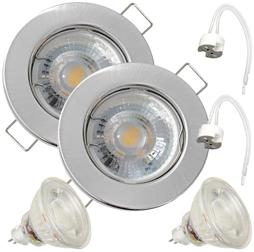 Lampen-Platz 2 Stück LED Einbaustrahler Lotta 12V 5W COB Warmweiß 3000K | IP20 | Edelstahl gebürstet | Kompakte Einbauleuchte | Deckenspot für Wohnbereich