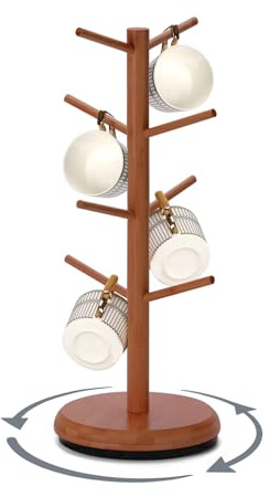 BAMBANG Wooden Mug Tree 8 Mugs Metal Base,Rotating Counter Top Cup Holder Bamboo, Coffee Mug Holders for Kitchen,Mug Stand Rack Hanger Organiser Tea Brown