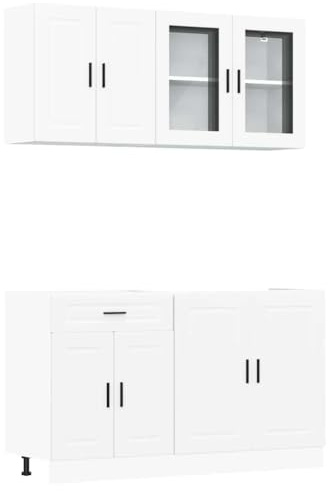 Foknhdi 4-TLG Küchenzeile Porto Weiß Hängeschrank mit Glas Unterschrank 80×46×81,5 cm Landhausstil verstellbare Füße