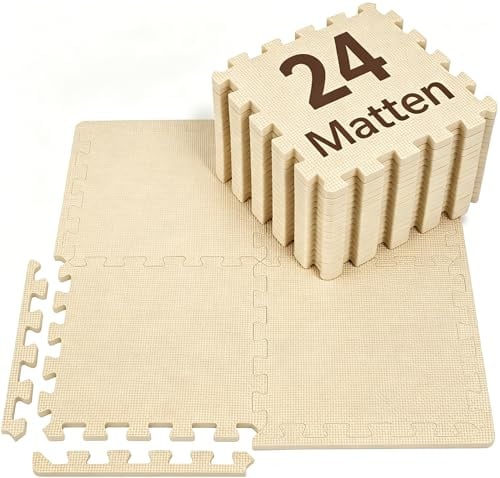 Bodenschutzmatte Fitness Set [31x31cm] - 24pc - Eva Sportmatte Fitnessmatte rutschfest, Bodenmatte für Fitnessraum&Fitnessgerät, Fallschutzmatten Outdoor&Pool Unterlegmatte (Cremeweiß)