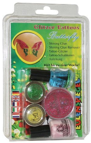 Eulenspiegel 730584 - Glitzer Tattoo Set Butterfly, Glitter-Set, Schmetterling, Karneval, Halloween, Mottoparty