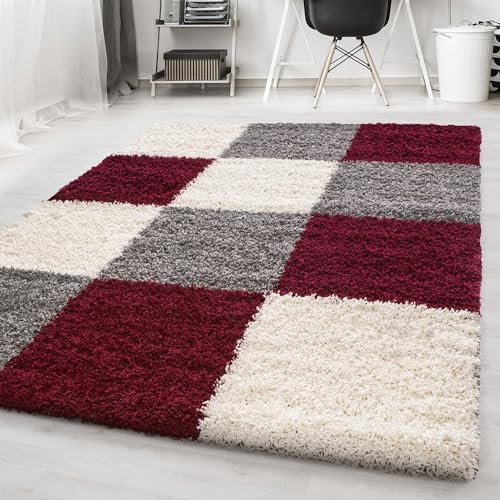 Carpetsale24 Hochflor Teppich Shaggy kariert 80x150 cm Rot, weich & flauschig, modernes Karo Design, rechteckig, ideal für Flur oder Kinderzimmer, stilvoll & gemütlich