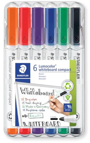 STAEDTLER Lumocolor 341 Whiteboard-Marker, PP-Schaft aus 97% recyceltem Plastik, rückstandsfrei abwischbar, schnelltrocknend, Box mit 6 Marker in sortierten Farben, 341 WP6