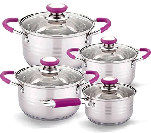 Gridinlux | Elite Chef Hannover Topfset induktion | 8 Stück | 4 Deckel aus gehärtetem Glas | Edelstahl mit verstärkter Kapselung | Mehrflächenbasis (Lila)