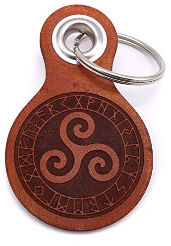 Samunshi® Porte-clés en cuir avec gravure avec différents motifs - Cadeau fabriqué en Allemagne - 38 couleurs - 8 x 4,8 cm, Marron cognac/gravé, Triskele mit Runen 8x4,8cm