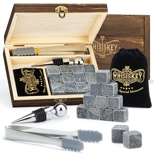 WHISISKEY Whisky Steine Set - 12 Whiskey Steine & Zange - Geschenke für Männer - Männergeschenke - Geburtstagsgeschenk Mann - Geschenkbox - Whisky Zubehör - Eiswürfel Wiederverwendbar