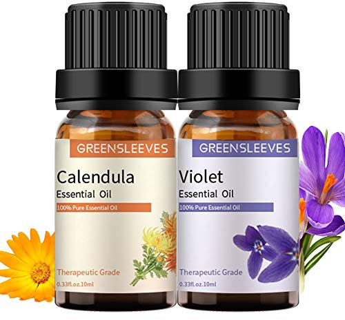 GREENSLEEVES Lot de 2 huiles essentielles 100 % pures de qualité thérapeutique pour diffuseur, humidificateur, massage (violet + calendula)