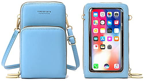 RRANCharltu Sac à Bandoulière pour Téléphone Portable Femmes Sac à Ecran Tactile Cuir PU Pochette Portefeuille Femme Porte Cartes avec Bandoulière et Dragonne (Bleu Clair)