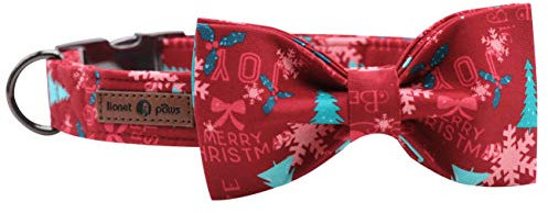 Lionet Paws Weihnachten Hundehalsband mit Fliege, Langlebiges Bequemes Baumwolle Halsband mit Metall Steckverschluss für Hunde, Hals 40-60cm
