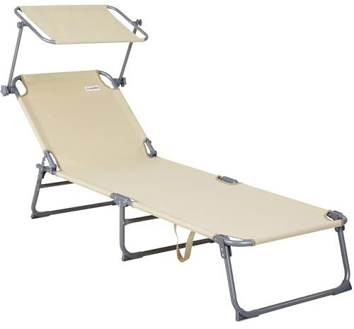 Casaria® Gartenliege Wetterfest Sonnenliege Klappbar mit Dach 130kg Belastbar Tragbar Garten Camping Liegestuhl Faltbar Relaxliege Strandliege Beige
