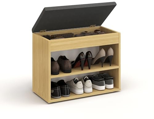 KOMTO Schuhbank mit Sitzfläche - Schuhregal Bank mit Stauraum Buche 60 x 48 x 32 cm Kleiner Schuhschrank mit Sitzbank Flur Bank Garderobenbank Sofia