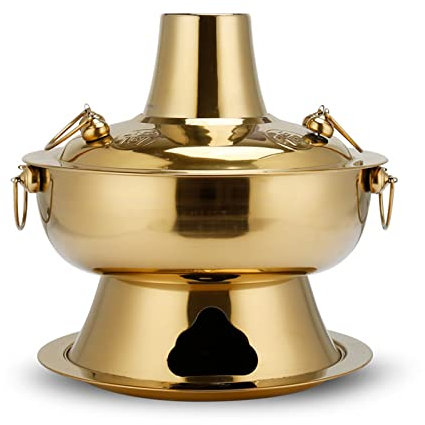 Vintage Copper Hot Pot Charcoal Shabu Shabu Hot Pot Pan Stainless Steel Chinese Cooker Traditional Soup Pot Cookware with Chimney for Home Party Restaurant,Gold,32cm