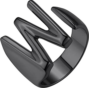GoldChic Offener Buchstaben A-Z Siegelring für Frauen Männer Verstellbarer Kupfer Initiale W Alphabet Ring Schlichter Schmaler Letter Bandring in Schwarz Ringgröße 51.8(16.5)- 62.1(19.8)