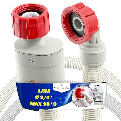 Aquastop Schlauch Waschmaschine und Spülmaschine 1,5m mit Winkel und Geradem Sicherheitsventil Ø 3/4 Zoll Wasserstop Waschmaschine Zulaufschlauch Max 90°C - Garantie 10 Jahre - MONTERAL