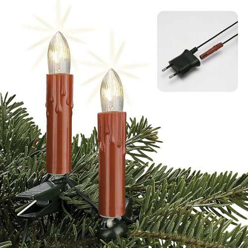 Hellum Lichterkette Weihnachtsbaum Wachstropfen Made in Germany, 13,3m beleuchtet, 20 roten Riffelkerzen, Weihnachtsbeleuchtung innen, Kabel grün, Stecker teilbar und Clip, klar Glühfaden <59lm 814033