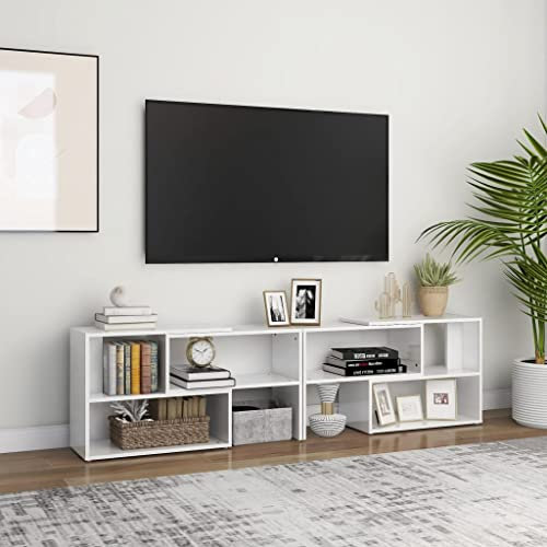 WIFESE Meuble TV Blanc Brillant 149x30x52 cm Aggloméré Meuble Television Style Industriel Table TV Support de TV Décoration Salon Etagère Rangement Magazines Livres Plantes Cadres Photo