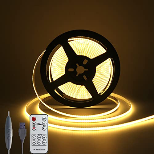 Wisada COB LED Streifen 4m, Dimmbar USB 5V 320LEDs/m Flexibler LED Lichtband Warmweiß COB Nicht Wasserdichte LED TV Hintergrundbeleuchtung Lichterketten mit RF Fernbedienung für Schrankbeleuchtung