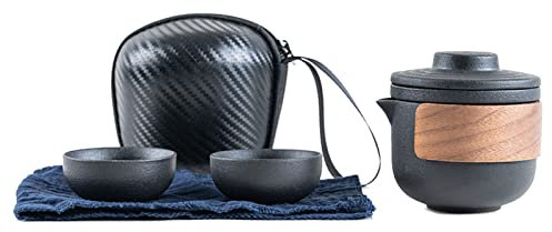 SPYMINNPOO Service à thé de Voyage Portable, Mini Infuseur de Théière en Céramique pour L'extérieur avec Sac de Rangement (Pot Noir avec 2 Tasses)