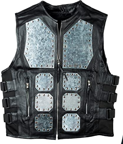 Halle 15 Clothes Sabaton Style Joakim Gilet en cuir véritable avec plaques métalliques H15 Merch, Noir , XXL