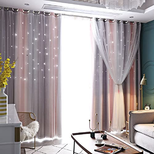 Lanqinglv 2 Panneaux Rideaux Occultant Étoiles Rose Gris avec Voilages Double - Décoration du Maison Chambre Enfants Filles, Thermique et Intimité (L 132 x H 160 cm)