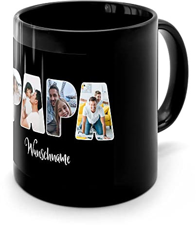 PhotoFancy® - Fototasse 'Papa' - Personalisierte Tasse mit eigenem Foto und Text selbst gestalten - Schwarz glänzend