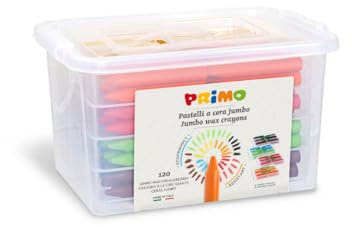 Primo – Farbige Wachsmalstifte Jumbo, 120 Stück im Koffer, 8 Farben für Kinder ab 3 Jahren, Intensive Pastellfarbe für Schreibwaren und Kreative Arbeiten für Kinder, Keine Schmutzigen Hände