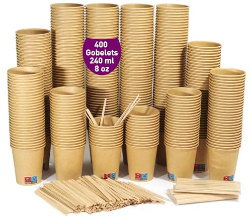 400 vasos desechables kraft de 240 ml / 8 oz, vasos de cartón kraft desechables con paletinas de madera para café americano, café con leche y refrescos. Para llevar