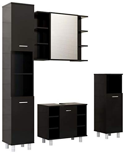 KOIECETA Badmöbel Set 4-TLG. Waschbeckenunterschrank Spiegelschrank Hochschrank Midischrank Schrank Badezimmerschrank Badschrank Schwarz Holzwerkstoff