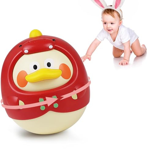 Tinabless Tummy Time Toys, Dinosaur-Duck Roly Poly Baby Toy, Musical Wobbler Toy | Tumbler Wobbler Toy for Newborns 3-12 Month Baby Boys and Girls Easter Basket Gift First Birthday Present (Red)