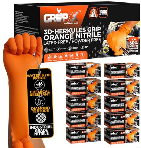 GRIPXX Herkules Grip Heavy Duty 8 Mil Orange Nitrile Gloves, 3D Raised Diamond Texture - Latex and Powder-Free Industrial, Mechanic (10, Large)