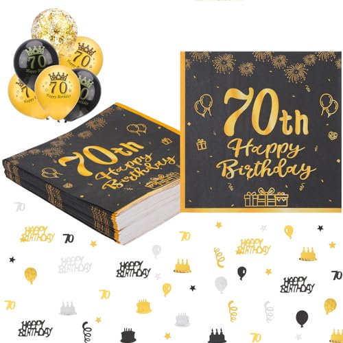 Livdouyu 40 Stück Geburtstag 70 Servietten Schwarz Gold Happy Birthday Servietten Papierservietten 33x33cm, 15 Stück Schwarz Gold Luftballons mit Geburtstag Konfetti für 70. Geburtstag Deko