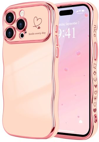 LCHULLE for iPhone 15 Pro Max Case Cute for Women Girls Wavy, Pink | Luxury Plating Curly Wave Shape Frame with Love Heart Pattern, Raised Camera Protection Back Cover Shockproof Phone Case