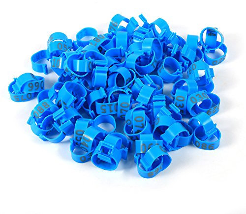Wnvivi 100 Stück Hähnchenschenkel-Ringe, 16 Mm, 001-100, Nummerierte Kunststoff-Geflügel-Knöchelbänder, Geflügel-Fußringe für Huhn, Ente, Gans(Blau)