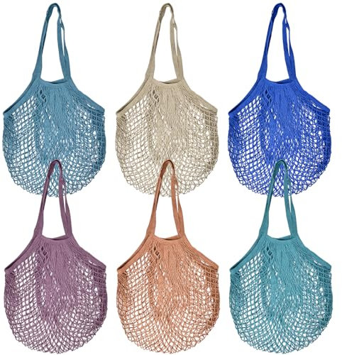 NAROSEBE 6 Stück Einkaufsnetz Obst Gemüse Netztasche Netzbeutel Einkaufstasche Wiederverwendbare Mesh Einkaufstasche Netz Baumwolle Netzbeutel mit Griff für Obst Gemüse Markt/Lebensmittel