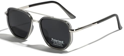 TR90 Polarised Sunglasses Retro Square Flattop Sunglasses Double Bridge Full Frame UV400 Lens Glasses, Silver with black