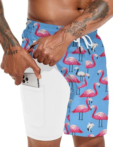 Atforna Badehose Herren Badeshorts 2 in 1 Swimming Shorts Männer 7 inch Bademode Atmungsaktiv Trainingsshorts mit Kompression Liner Flamingo Blau XL