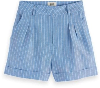 Scotch & Soda Women's High Rise Linen Printed Shorts, Blue and White Pin Stripe, M