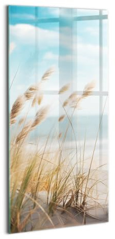 Wallfluent Glasbild Mit Motiv Gehärtetes Glas Bild Dicke 4mm 50x100cm Wanddekoration Für die Küche Badezimmer und Schlafzimmer Wandbild - Landschaft aus Strandgras und Meer im Boho-Stil