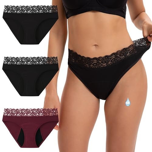 INNERSY Periodenunterschwäsche Damen Menstruation Slip Hohes Bein Period Panties Spitze 3er Pack (XS, 2 Schwarz/1 Dunkelrot)