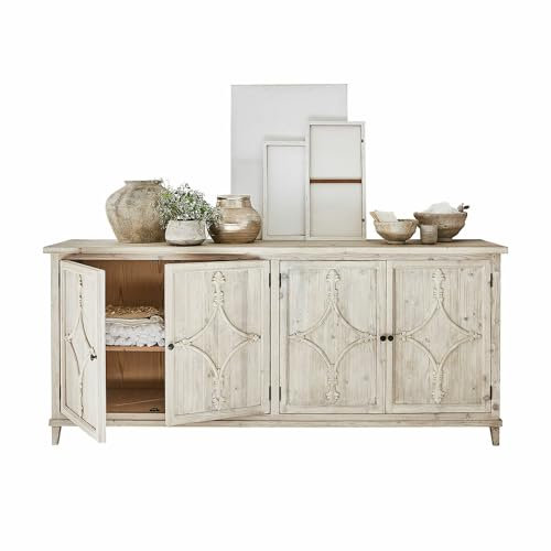Loberon Kommode Pemberton, White-Washed-Finish, reich verziert, herausnehmbare Einlegeböden, geringen Tiefe, Stauraum, Kommodenschrank, Tannenholz, Eisen, antikgrau